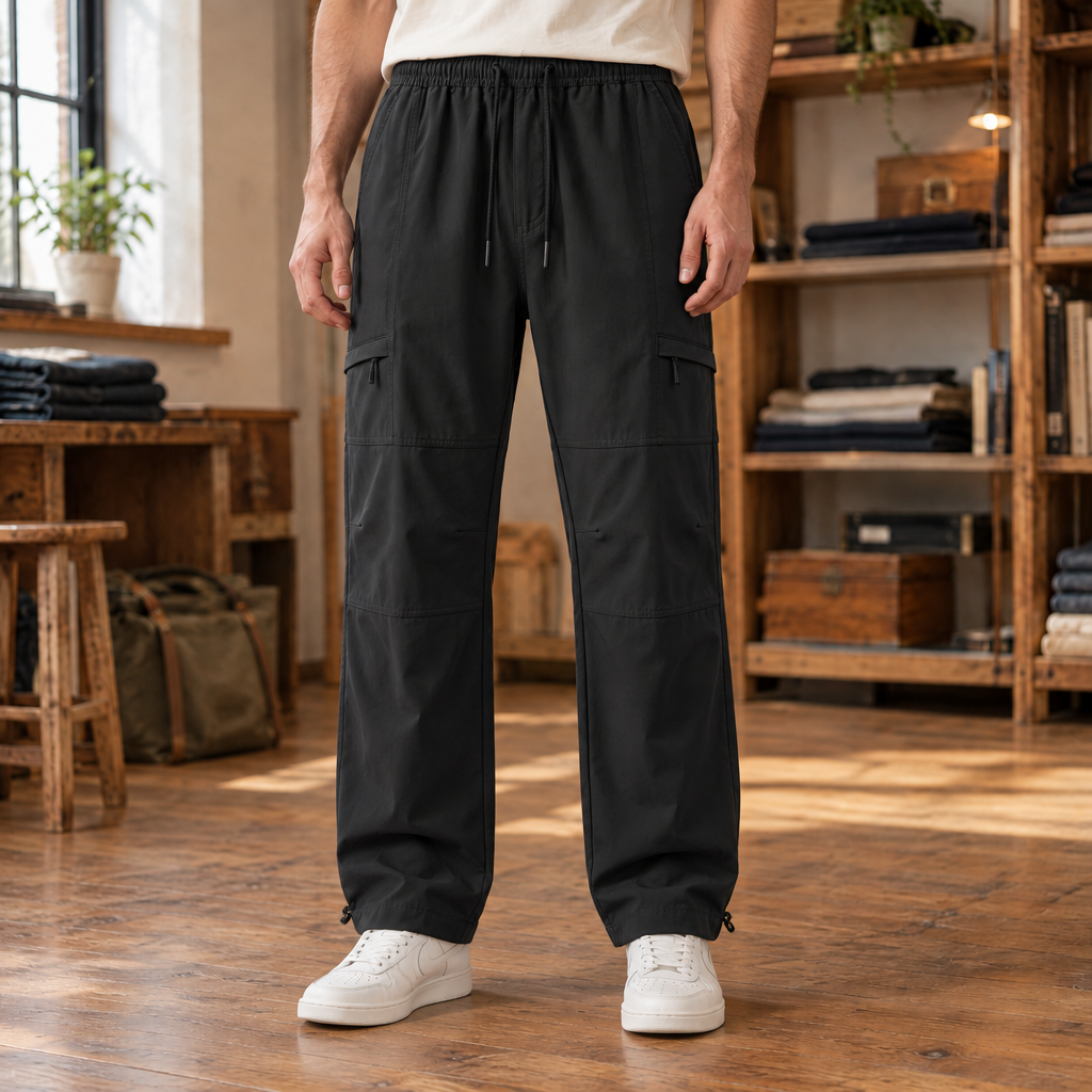 Nolan Zip-Pocket Cargo Pants - Black, worn, full length