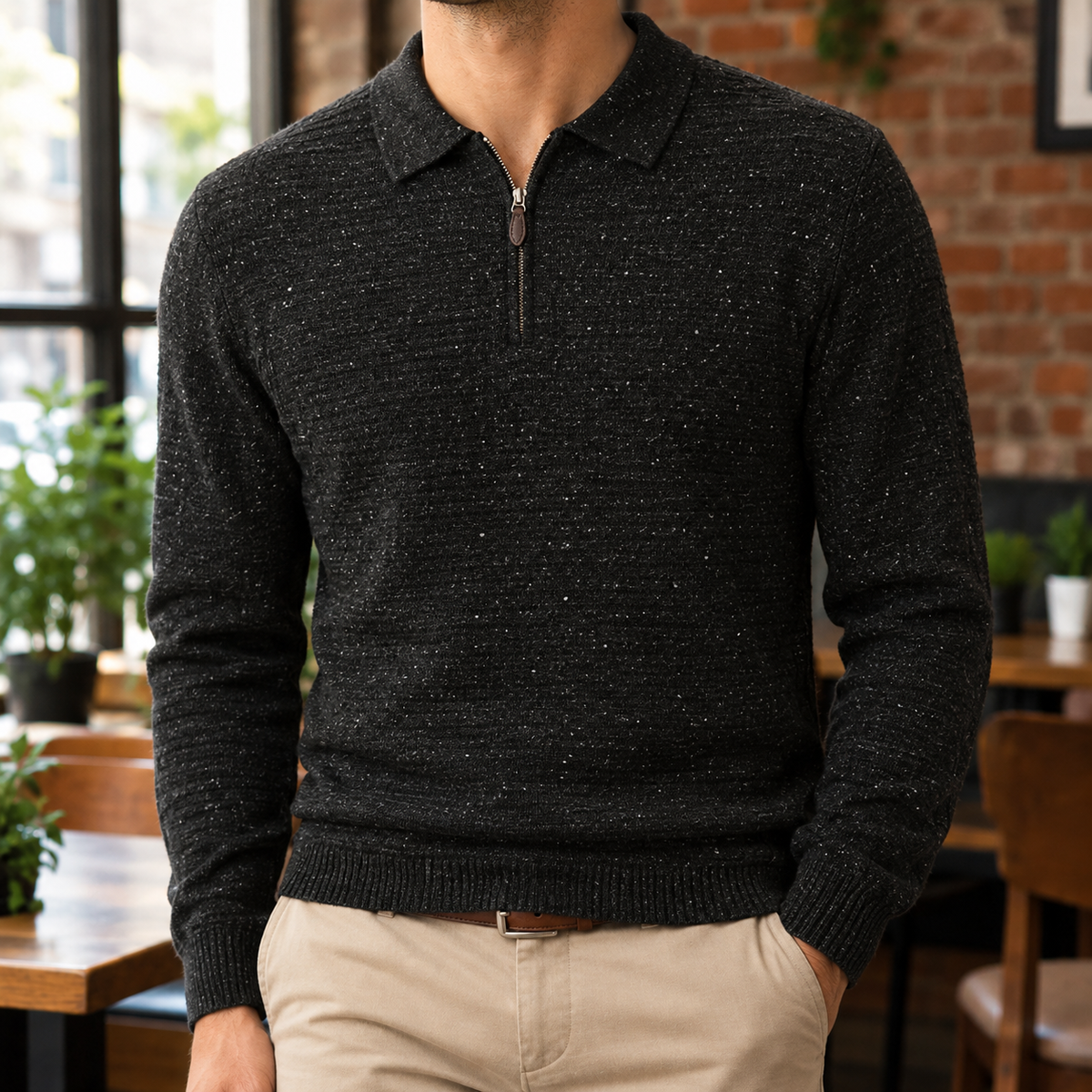 Frank Flecked Half-Zip Knit Polo - Black, worn, full polo