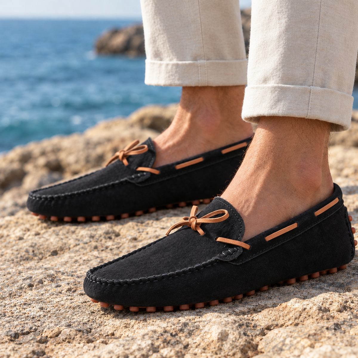 Spencer Suede Driving Moccasins - Black, worn pair