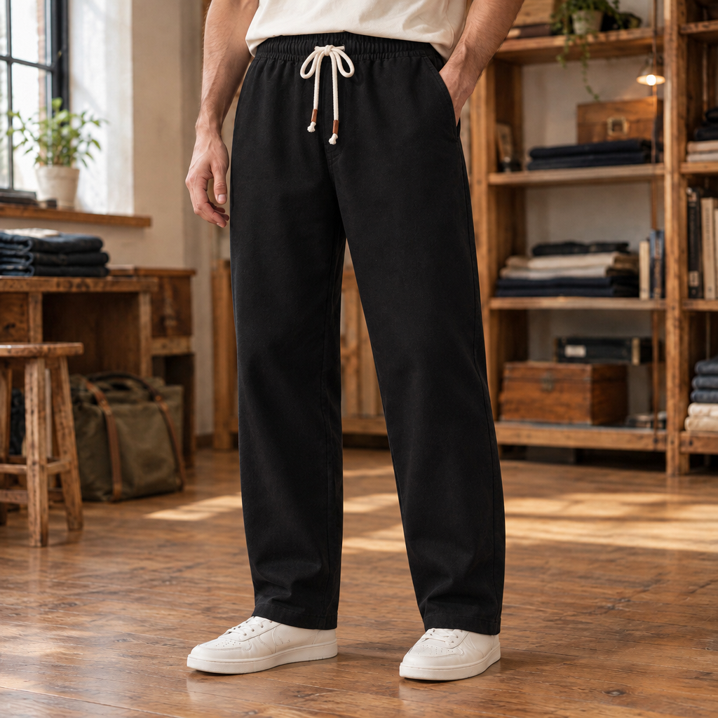Shane Brushed Twill Drawstring Pants - Black, worn, full pants