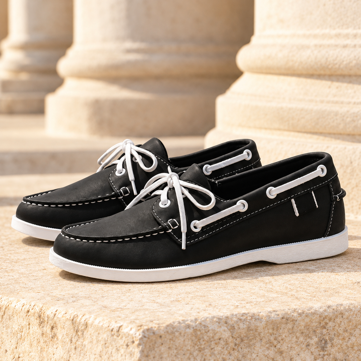 Sawyer Two-Tone Leather Boat Shoes - Black, full pair