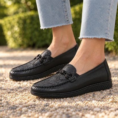 Alice Embossed Leather Moc Loafers - Black, worn pair