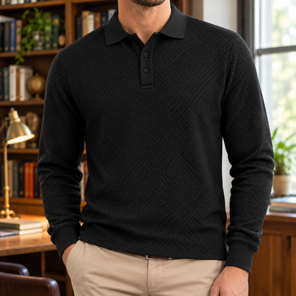 Edward Lattice Jacquard Long-Sleeve Polo - Black, worn, full polo