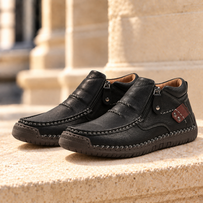 Brooks Leather Side-Zip Moc-Toe Boots - Black, full pair