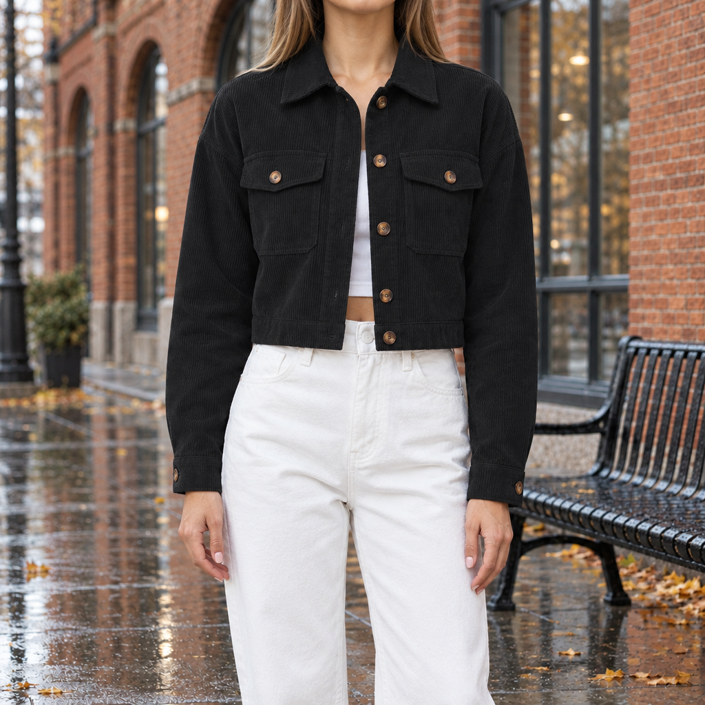 Abby Cropped Corduroy Jacket - Black, worn, full jacket
