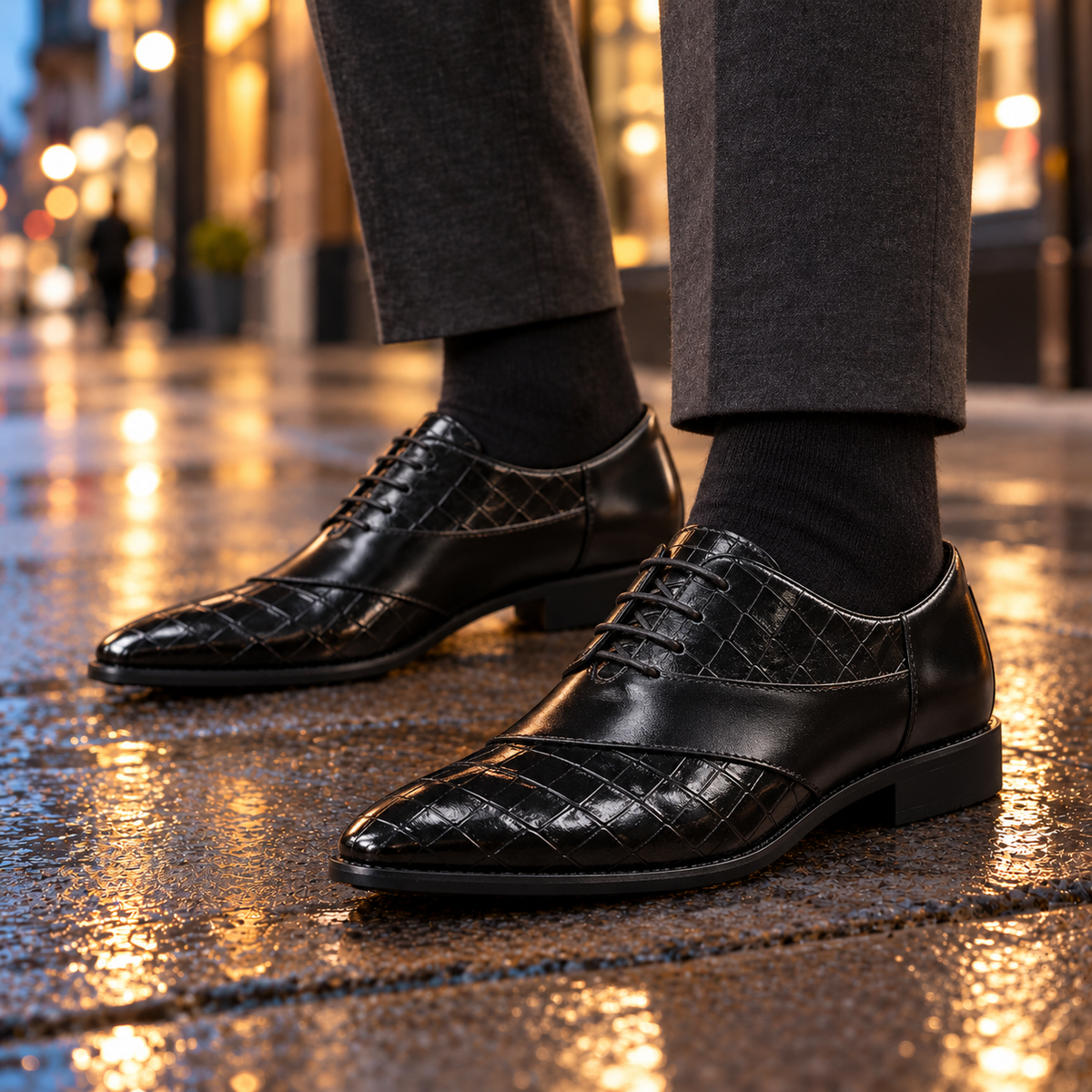 Vincent Croc-Embossed Leather Oxfords - Black, worn pair