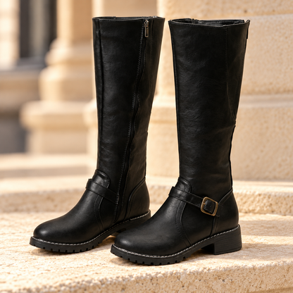 Marisol Buckle Knee-High Boots — Black, full pair