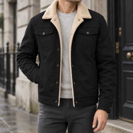 Halden Sherpa-Lined Utility Jacket — Black, worn, full jacket
