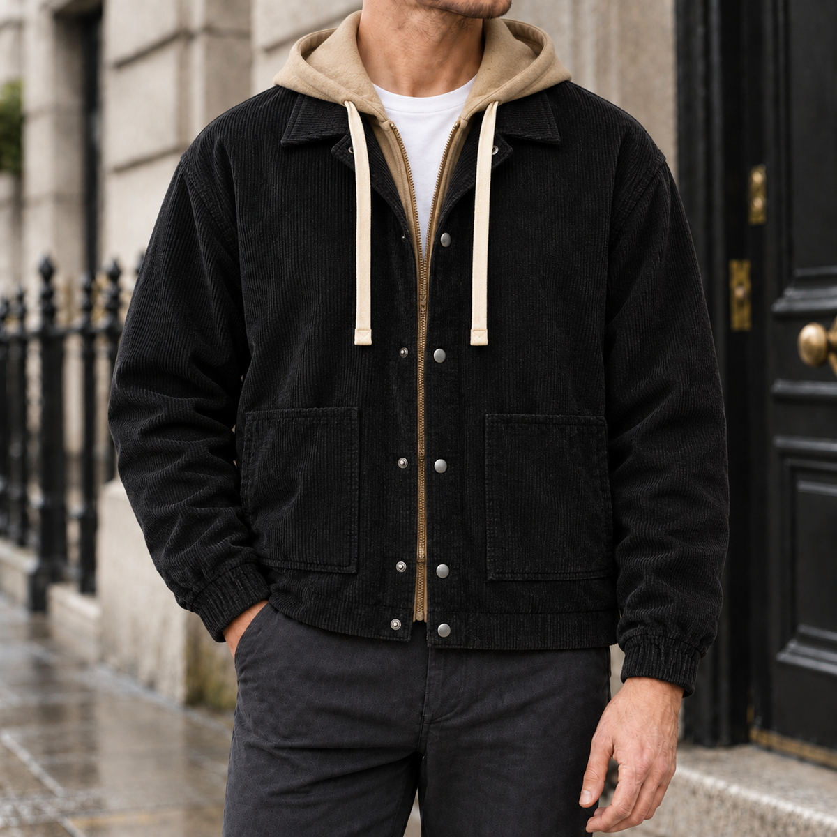 Tyler Layered-Hood Corduroy Jacket - Black, worn, full jacket