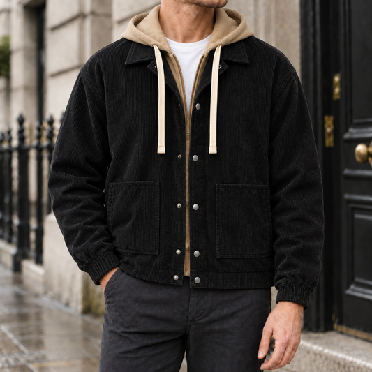 Tyler Layered-Hood Corduroy Jacket - Black, worn, full jacket