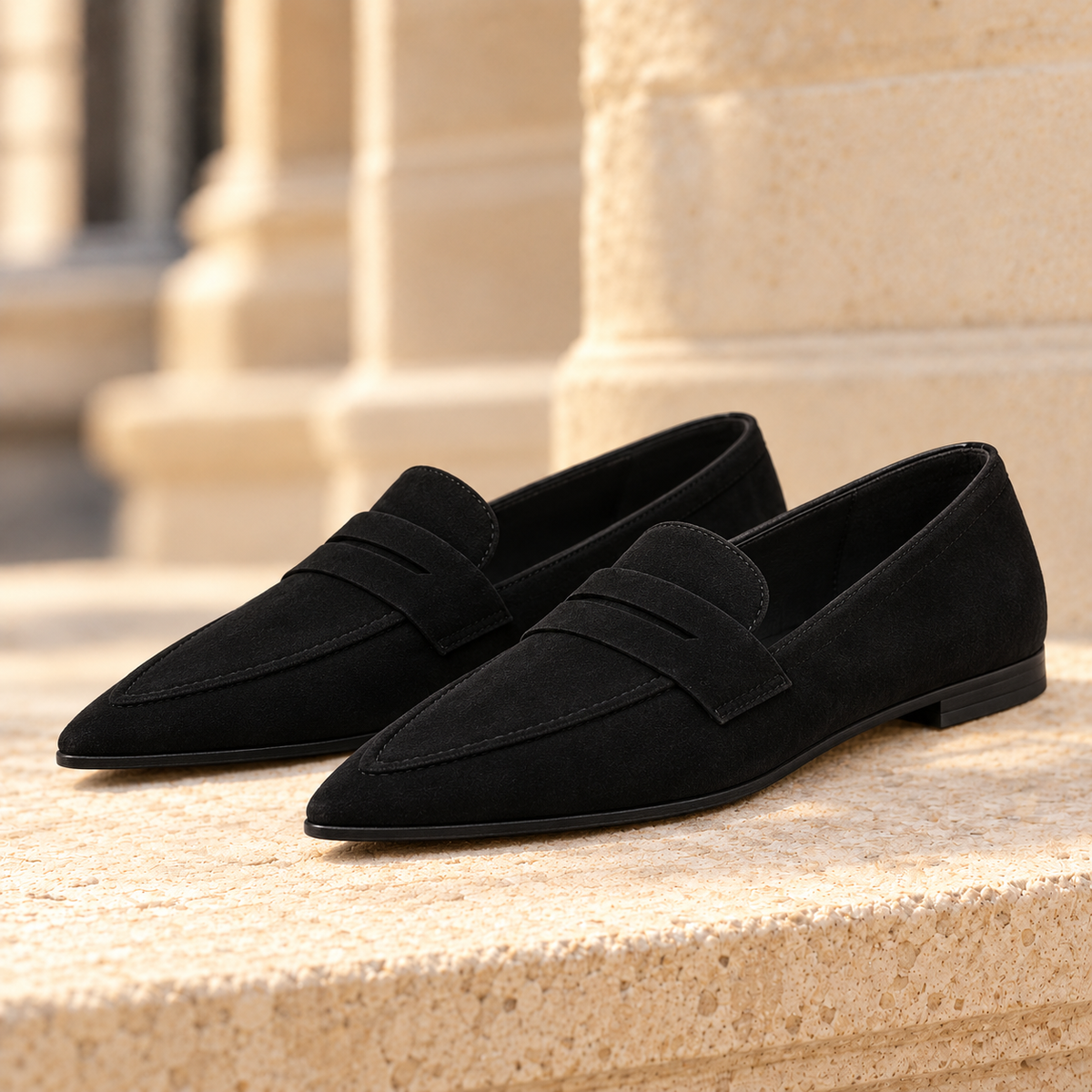 Hazel Pointed Suede Penny Loafers - Black, full pair