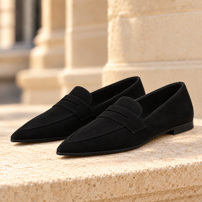Hazel Pointed Suede Penny Loafers - Black, full pair