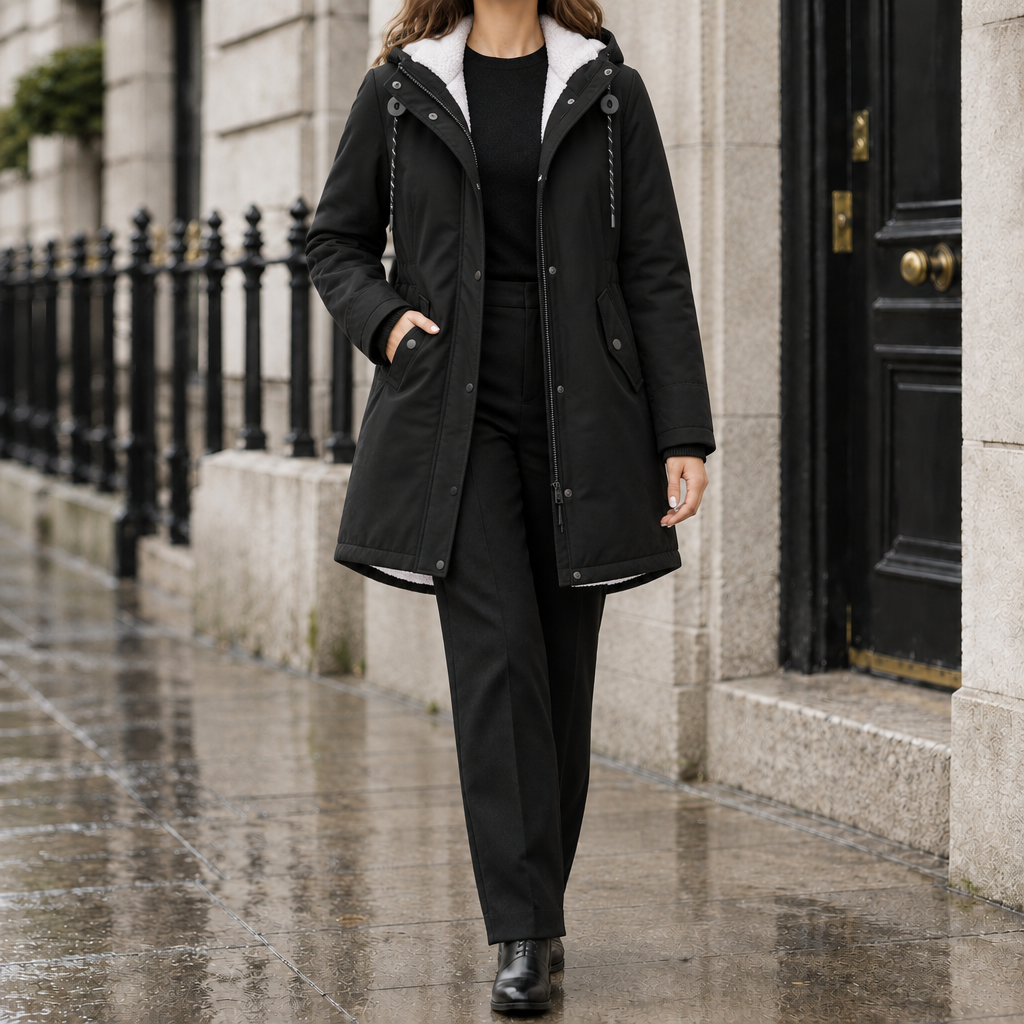 Kelly Sherpa-Lined Hooded Parka - Black, worn, full coat