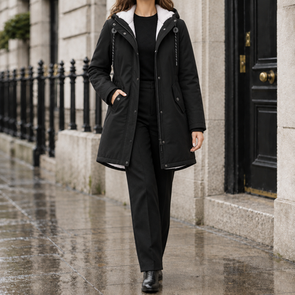 Kelly Sherpa-Lined Hooded Parka - Black, worn, full coat