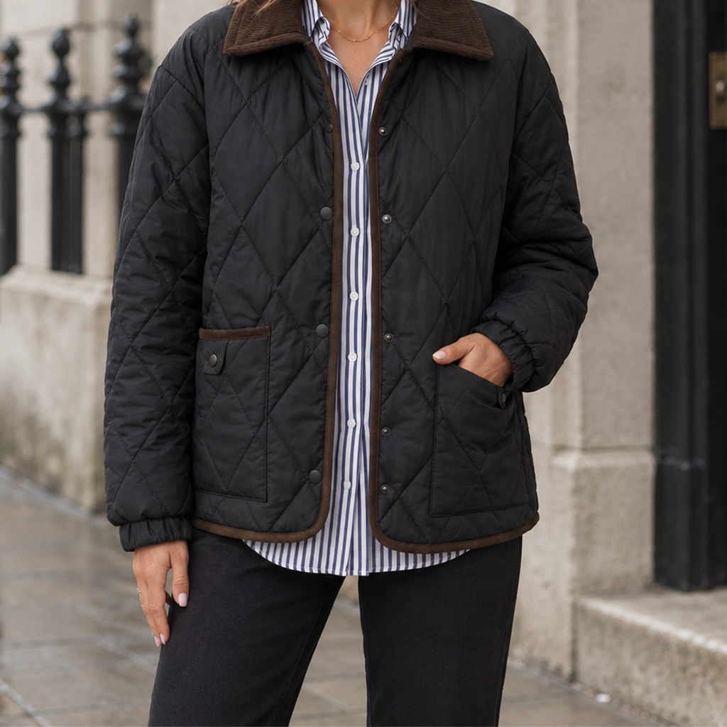 Linnea Corduroy-Collar Quilted Jacket - Black, worn, full jacket