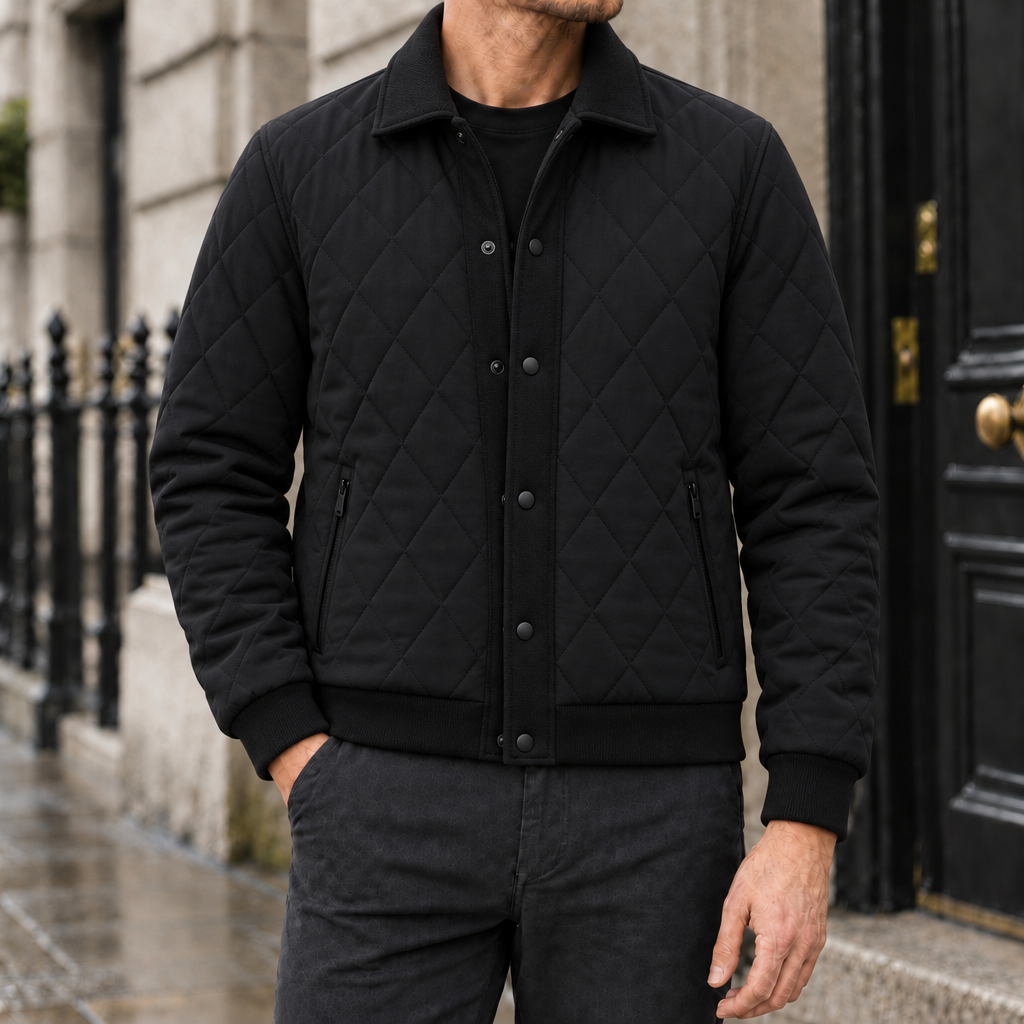 Henry Diamond-Quilted Collared Jacket - Black, worn, full jacket
