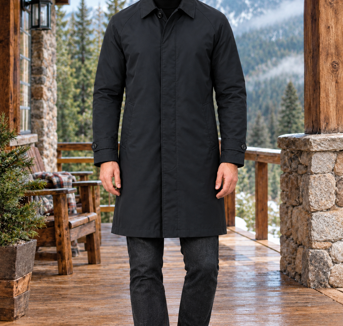 Pierce Single-Breasted Mac Coat - Black, worn