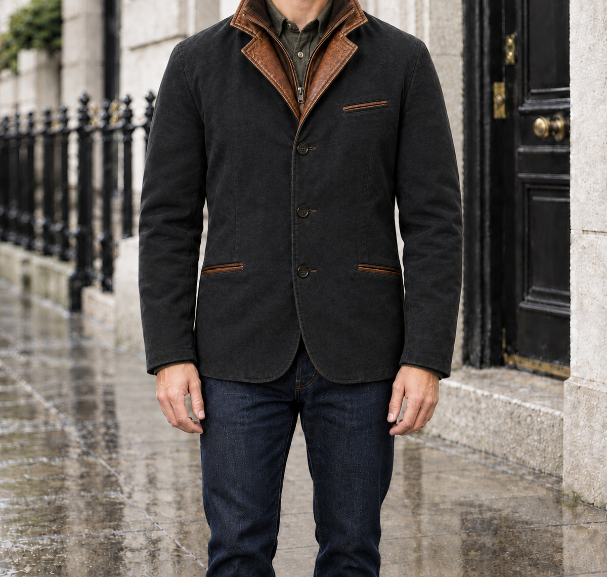 Walter Contrast-Collar Button Jacket - Black, worn