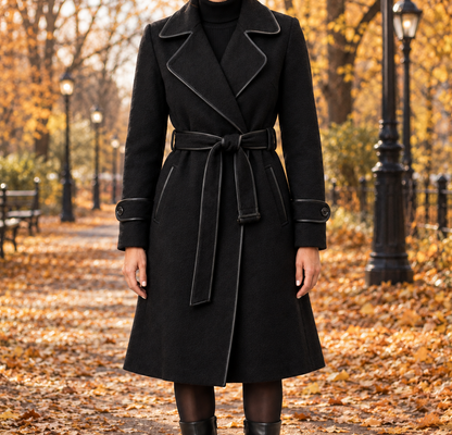 Amanda Piped Wool-Blend Belted Coat - Black, worn