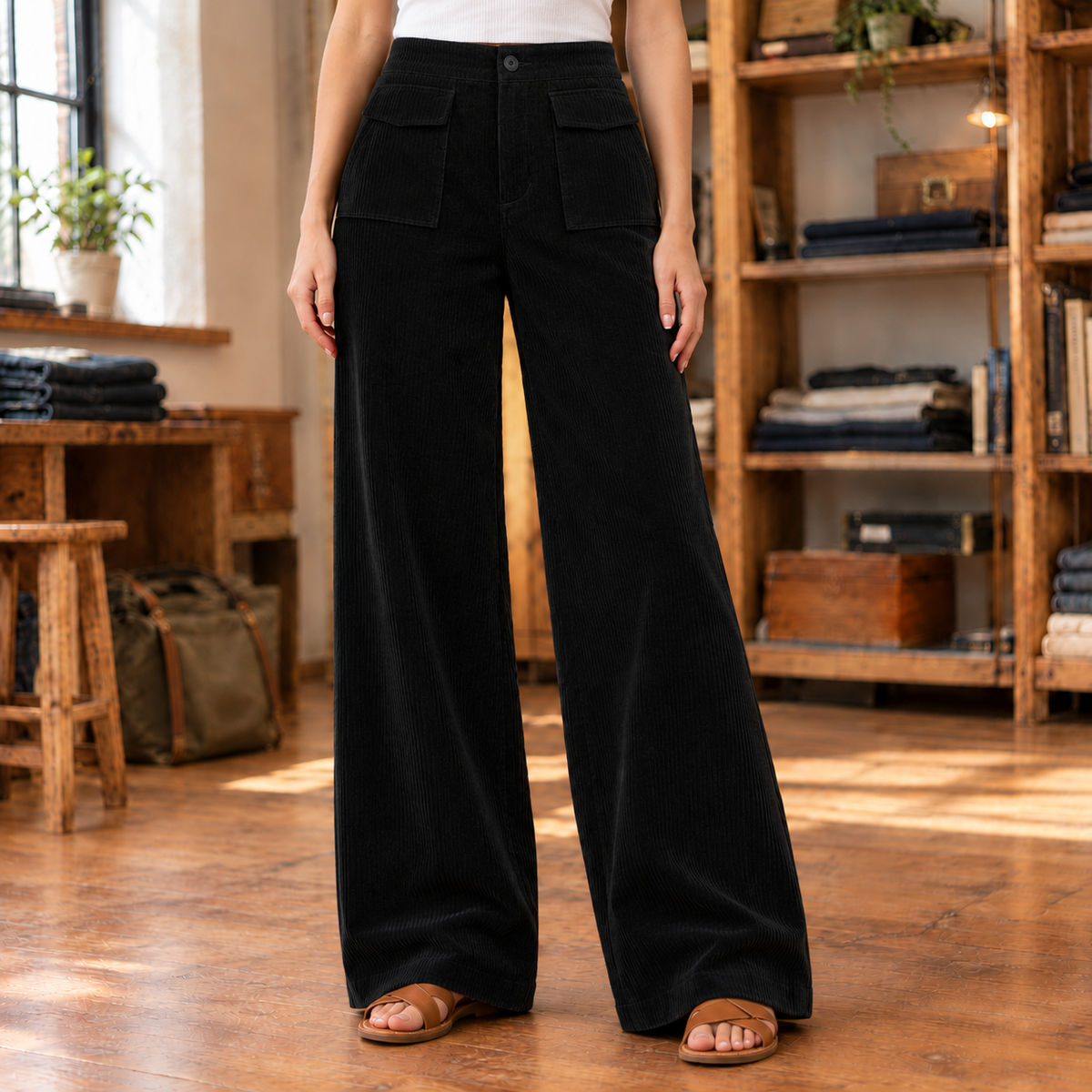 Kate Flap-Pocket Corduroy Wide-Leg Pants - Black, worn, full pants