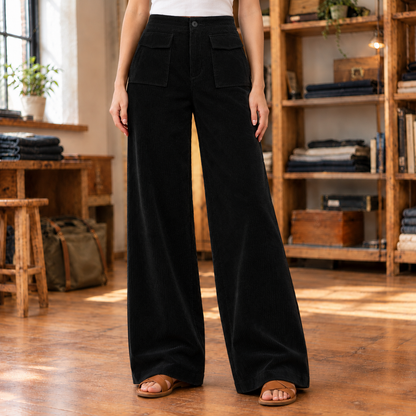 Kate Flap-Pocket Corduroy Wide-Leg Pants - Black, worn, full pants