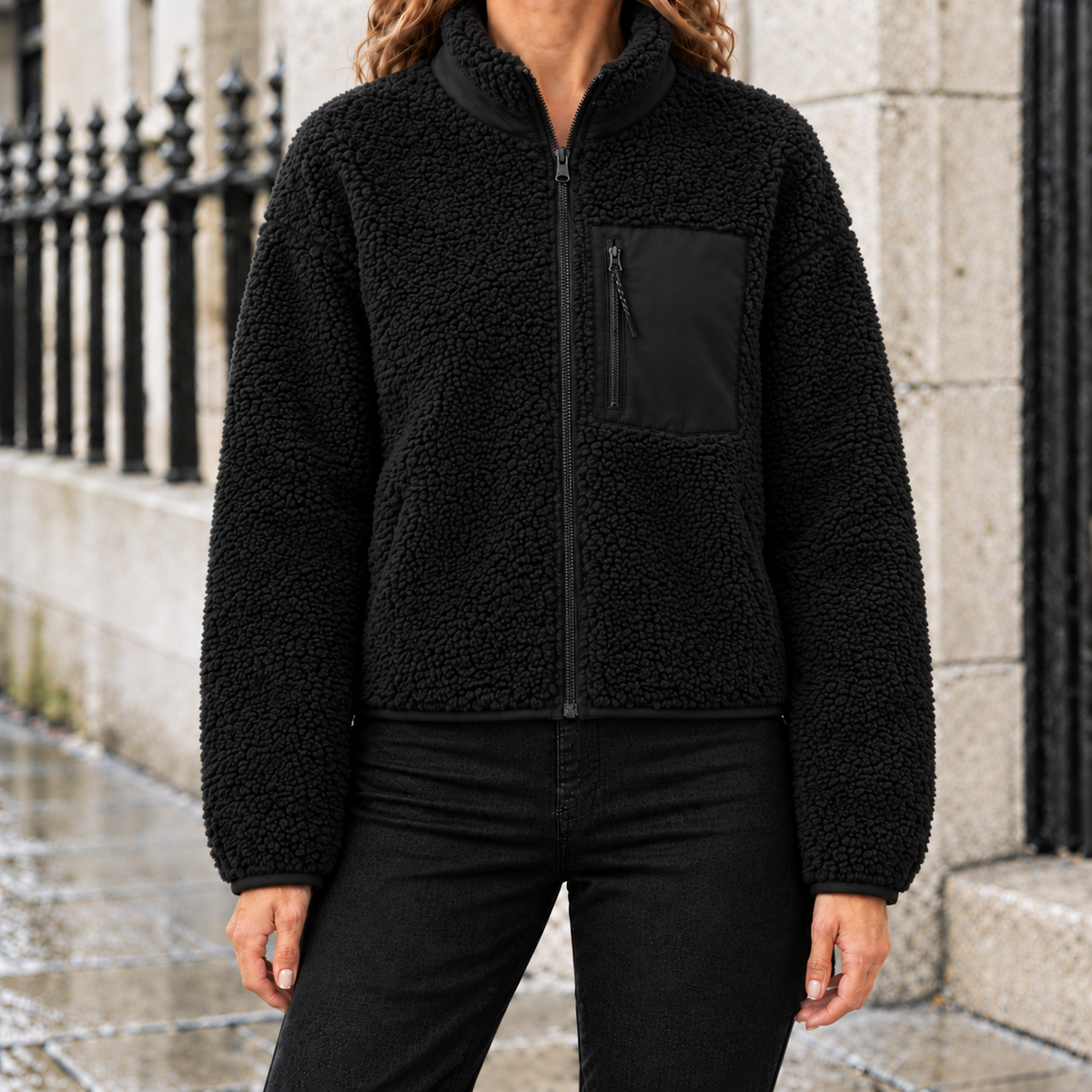 Hannah Sherpa Fleece Zip Jacket - Black, worn, full jacket