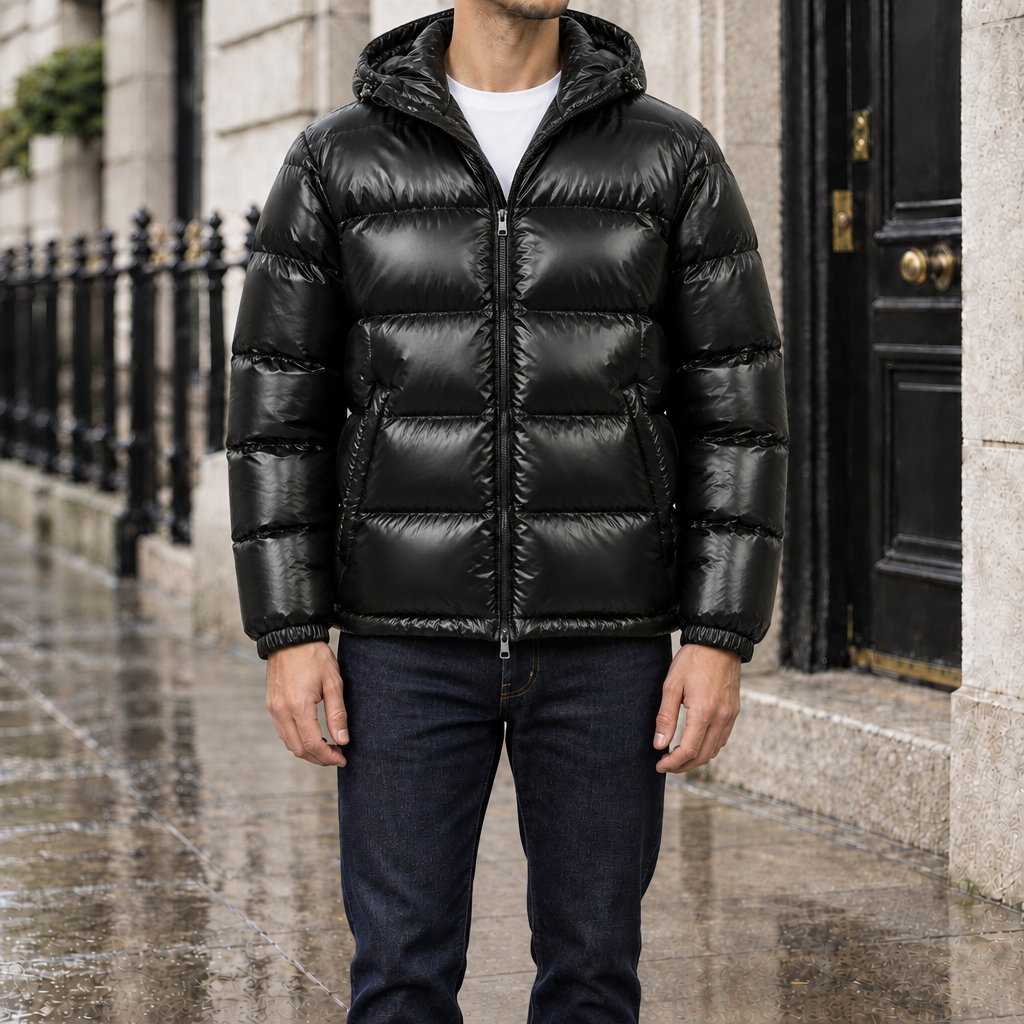 Blake Glossy Hooded Puffer Jacket - Black, worn, full jacket
