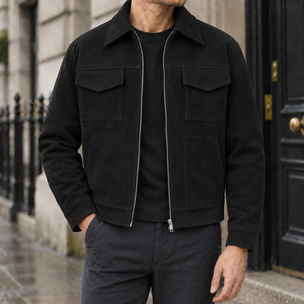 Dalton Faux-Suede Zip Jacket - Black, worn, full jacket