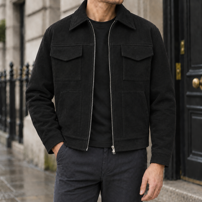 Dalton Faux-Suede Zip Jacket - Black, worn, full jacket