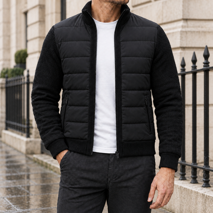 Ryan Knit-Sleeve Quilted Jacket - Black, worn, full jacket