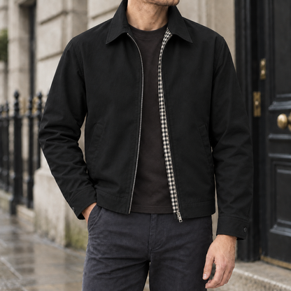 Wesley Gingham-Lined Harrington Jacket - Black, worn open
