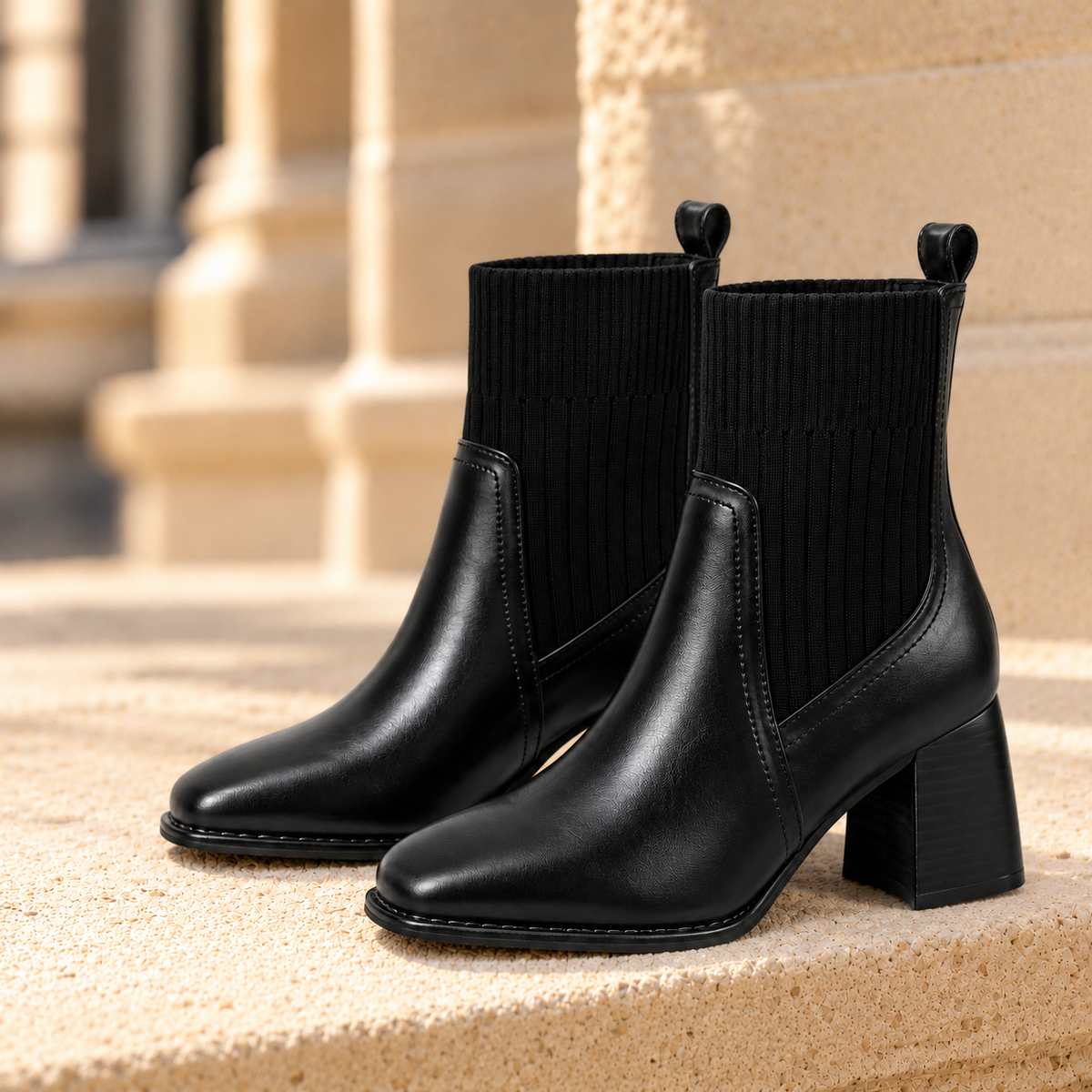 Quinn Knit-Shaft Ankle Boots - Black, full pair