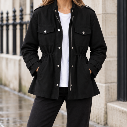 Sabine Drawstring-Waist Utility Jacket — Black, worn, full jacket