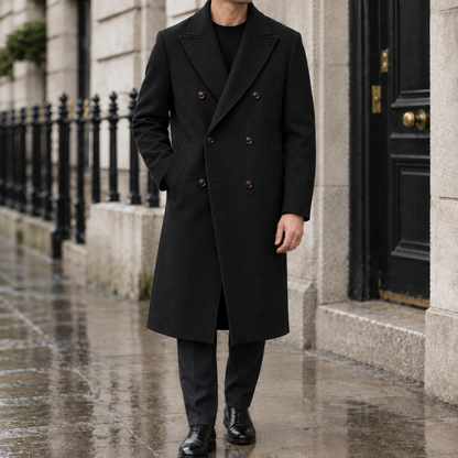 Sutton Peak-Lapel Double-Breasted Overcoat - Black, worn, full coat
