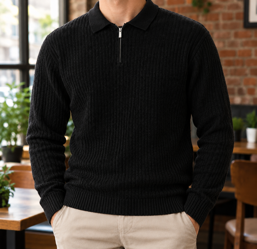 Bennett Ribbed Half-Zip Knit Polo - Black, worn, full polo