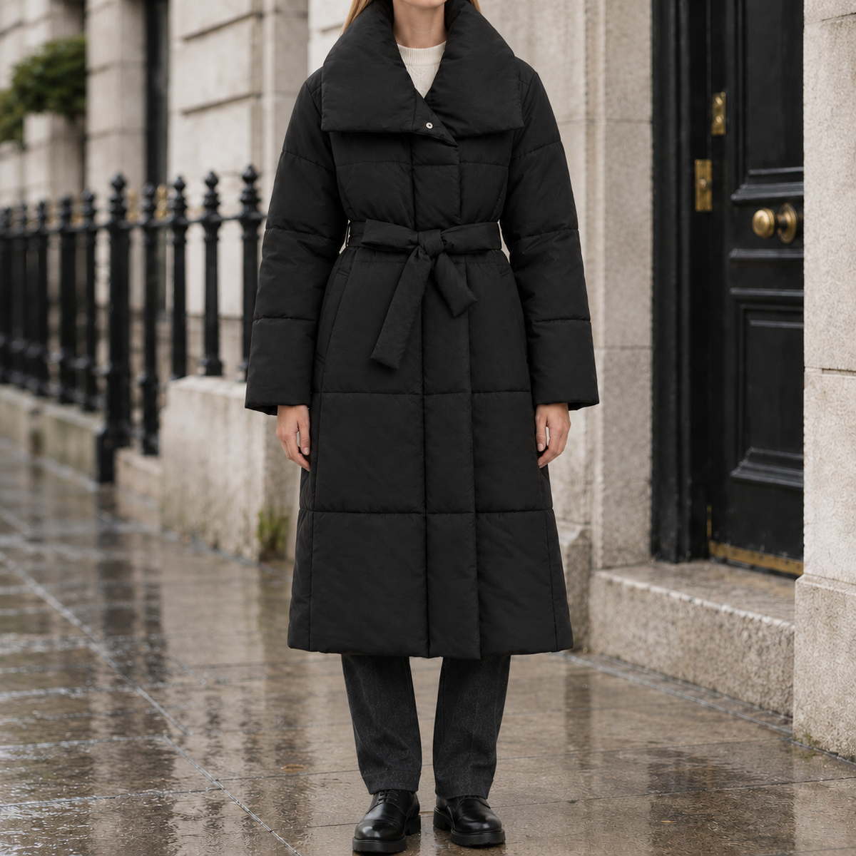Megan Wrap-Collar Puffer Coat - Black, worn, full coat