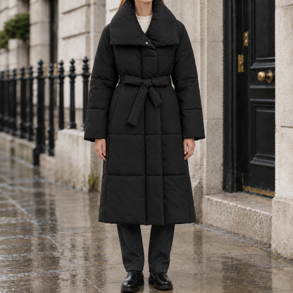 Megan Wrap-Collar Puffer Coat - Black, worn, full coat