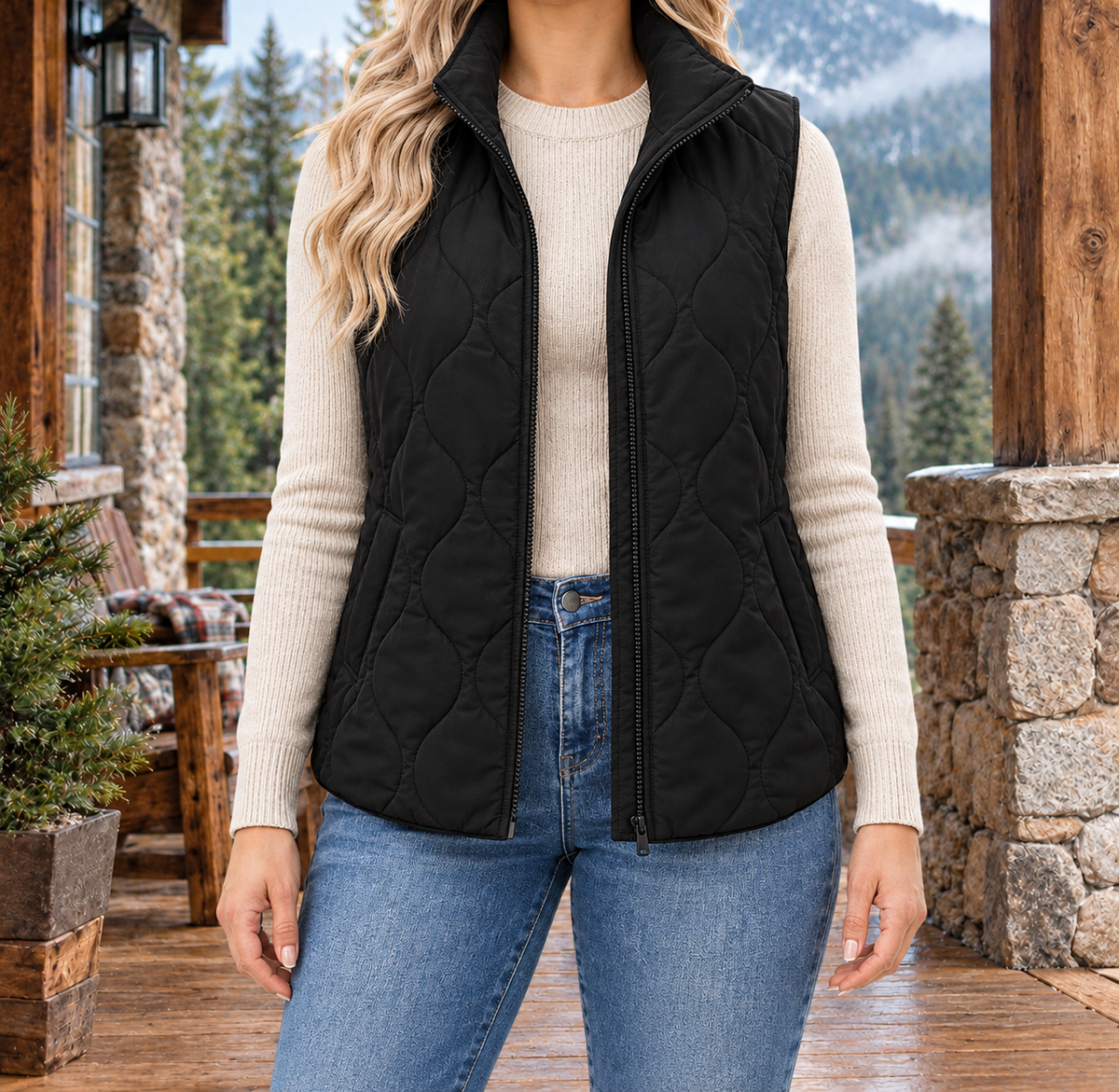 Megan Wave-Quilted Zip Vest - Black, worn, full vest