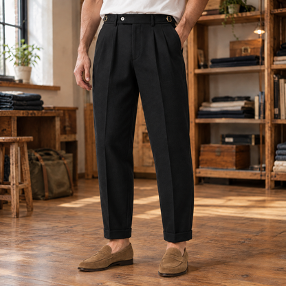 Wexford Pleated Side-Buckle Trousers - Black, worn, full trousers
