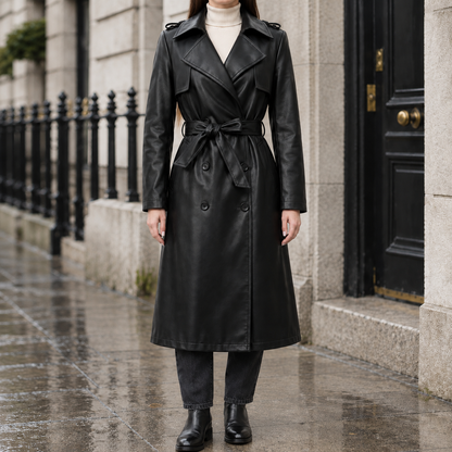 Vanessa Faux-Leather Belted Trench Coat - Black, worn, full length