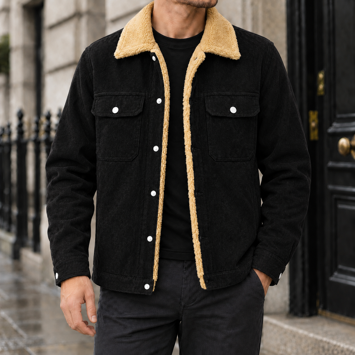 Colton Sherpa-Collar Corduroy Jacket - Black, worn, full jacket