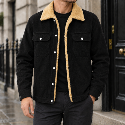 Colton Sherpa-Collar Corduroy Jacket - Black, worn, full jacket