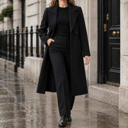 Evelyn Tab-Waist Tailored Coat - Black, worn, full coat