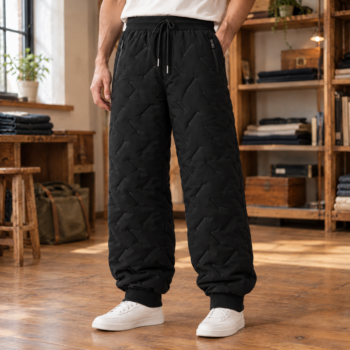 Dylan Quilted Sherpa-Lined Joggers - Black, worn, full pants