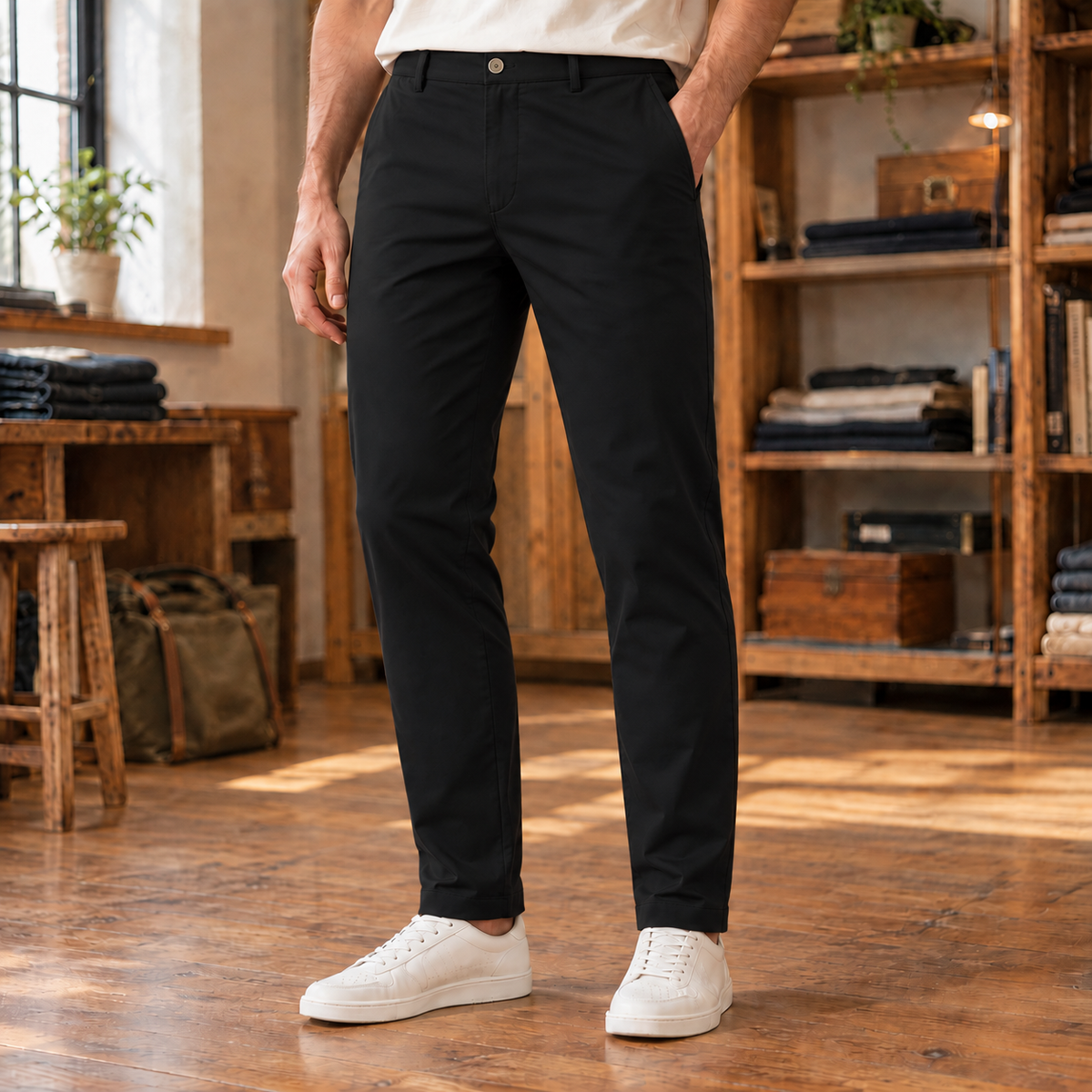 Graham Stretch Slim Chinos - Black, worn, full trousers