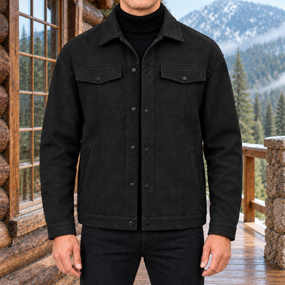 Travis Flap-Pocket Trucker Jacket - Black, worn, full jacket