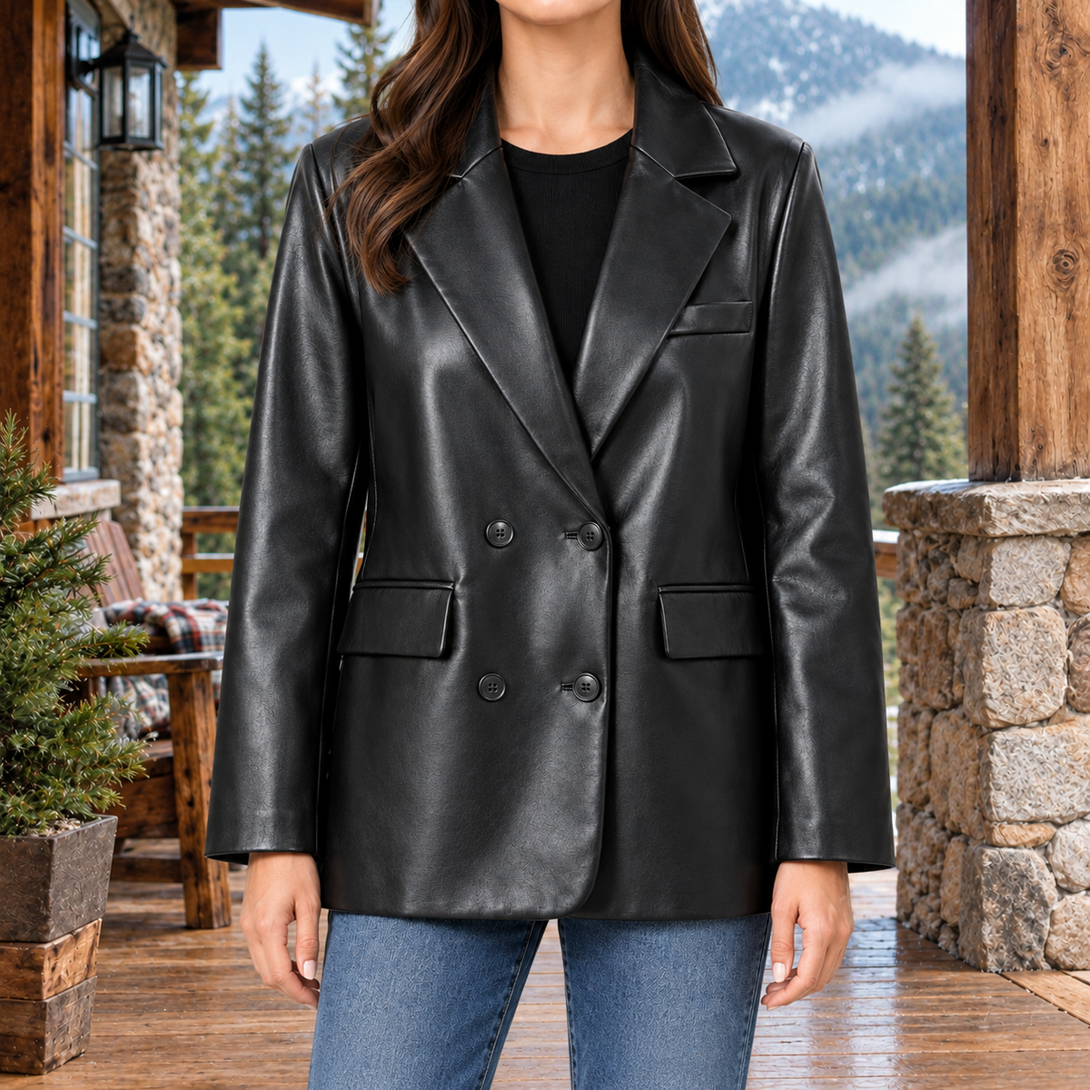 Courtney Faux-Leather Double-Breasted Blazer - Black, worn, full blazer