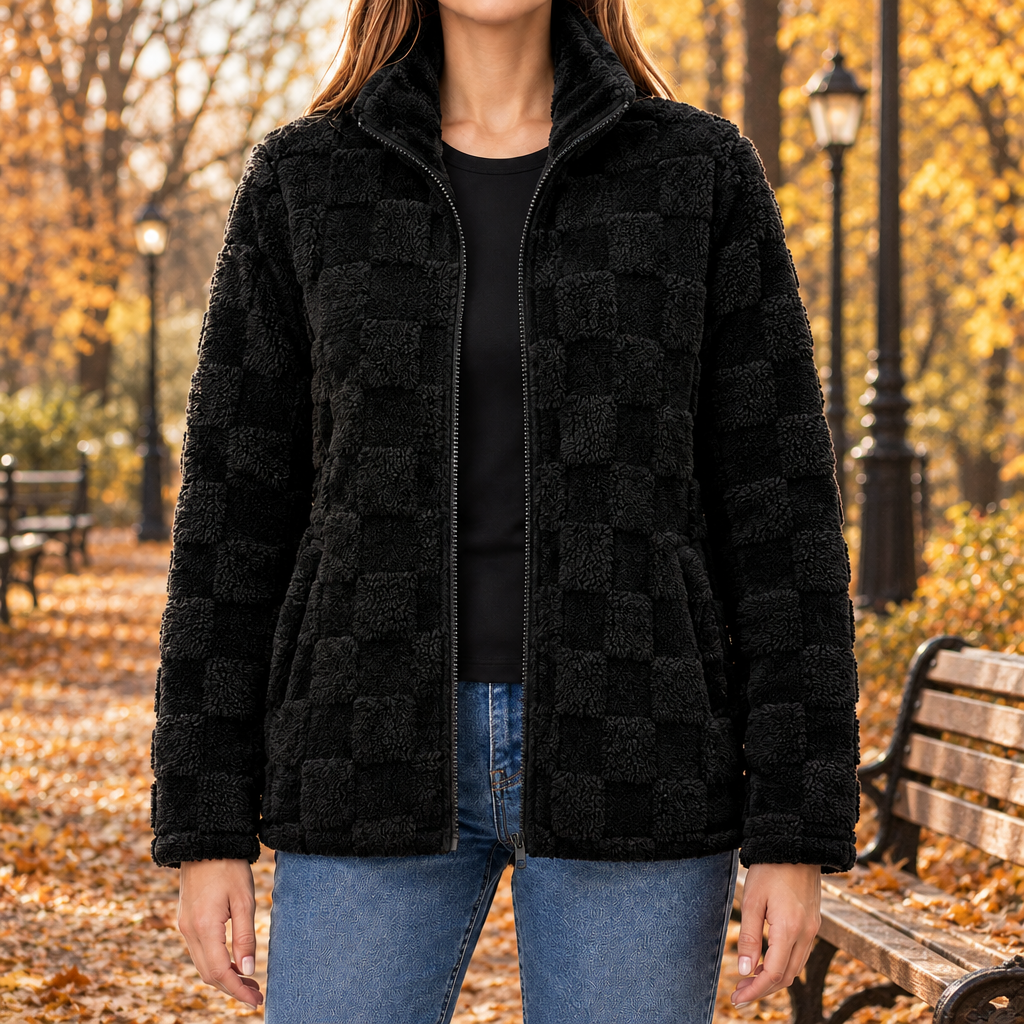 Haley Checkered Plush Zip Jacket - Black, worn