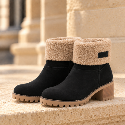 Aspen Faux-Shearling Cuff Ankle Boots - Black, full pair