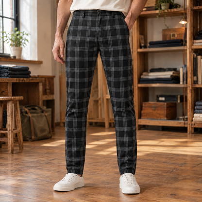 Harrison Plaid Stretch Slim Trousers - Black, worn, full trousers